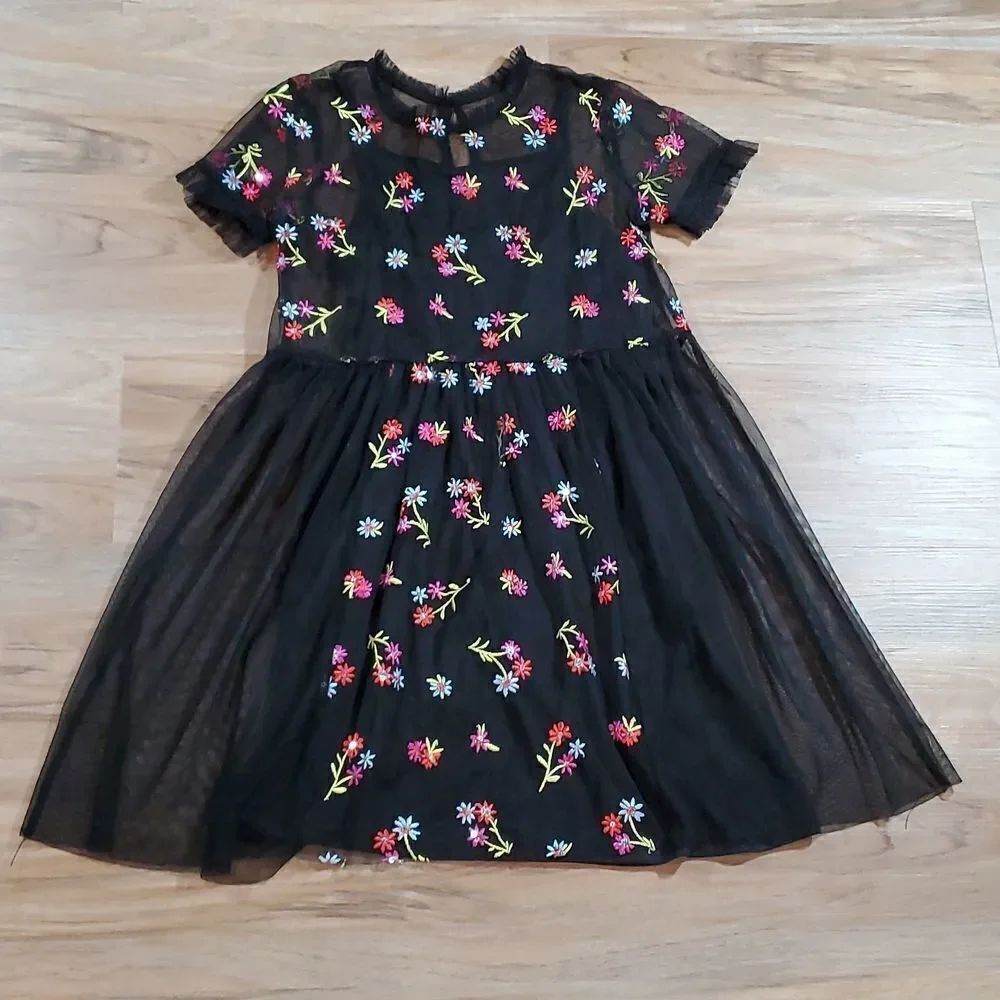 🔺️Art Class Black Sheer Overlay Embroidered Floral Print Dress Large